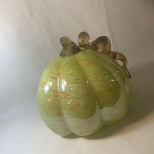 Vintage Art Glass Pumpkin Hand Blown Orange Green Applied Stem Collector Holiday